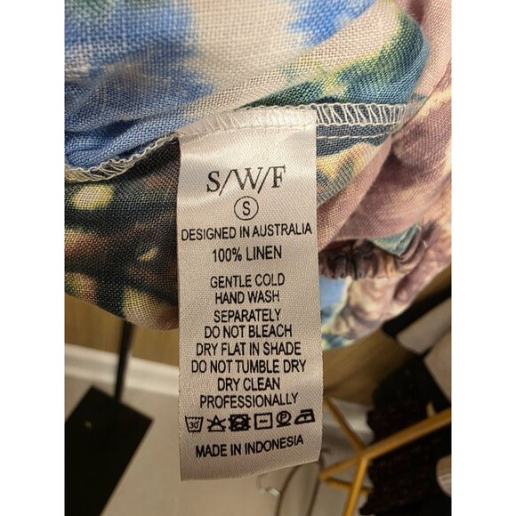 S/W/F Tie-Dye Linen Cropped Blouse S Designer Balloon Sleeves Buttons - Picture 4 of 6